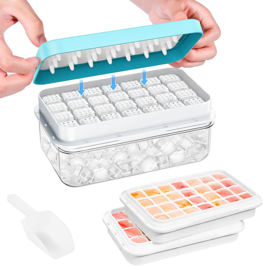 Ice Cube Tray with Lid and Bin, 56 pcs Ice Cubes Molds, Ice Trays for Freezer, Ice Cube Tray Mold, with 2 Trays, Ice Freezer Container, Spill-Resistant Removable Lid & Ice Scoop, for Whiskey,Cocktail