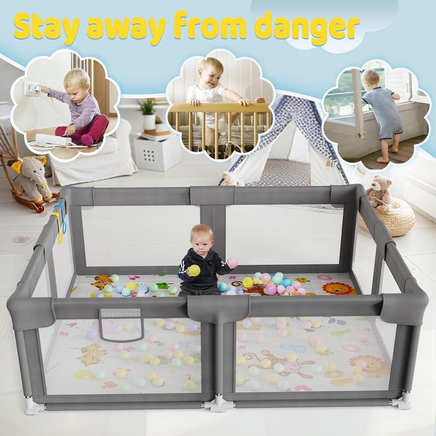 Palopalo Baby Laufgitter, 180x150cm Extra Großer Laufstall für Babys und Kleinkinder, Baby-Aktivitätszentrum mit 8 Saugnapfbasen, Baby-Laufstall mit Tür und weichem, atmungsaktivem Netz, Ohne Matte