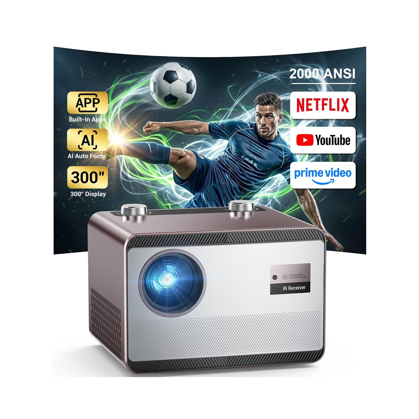 2000 ANSI Lumens Built-in Streaming App Full HD Smart Projector, HAPPRUN Native 1080P Movie Projector with Auto Focus, WiFi and Bluetooth, 300'' Large screen, Suitable for Home, Outdoor and Indoor