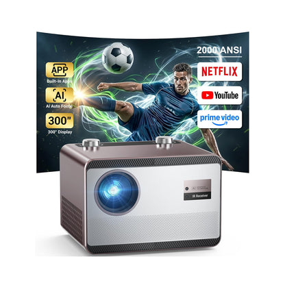 2000 ANSI Lumens Built-in Streaming App Full HD Smart Projector, HAPPRUN Native 1080P Movie Projector with Auto Focus, WiFi and Bluetooth, 300'' Large screen, Suitable for Home, Outdoor and Indoor