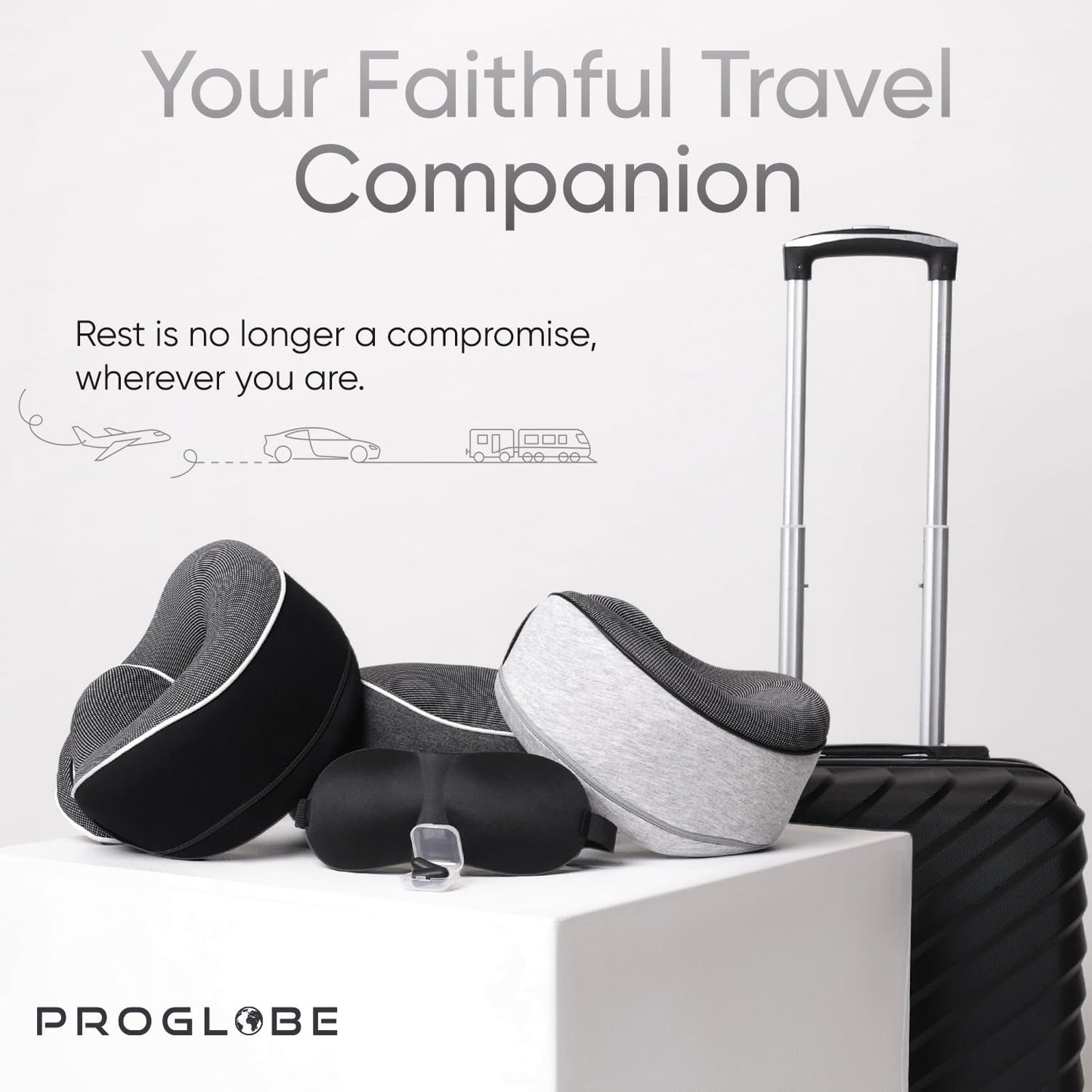 Proglobe Orthopädisches Nackenkissen Reise-Nackenkissen für Flugzeuge, Memory Foam Kit, aktualisiertes Ruhematerial, Flugreise-Set mit 3D-konturierter Augenmaske, Ohrstöpseln und luxuriösem Netzbeutel (Grau)