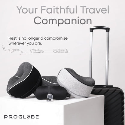 Proglobe Orthopädisches Nackenkissen Reise-Nackenkissen für Flugzeuge, Memory Foam Kit, aktualisiertes Ruhematerial, Flugreise-Set mit 3D-konturierter Augenmaske, Ohrstöpseln und luxuriösem Netzbeutel (Grau)