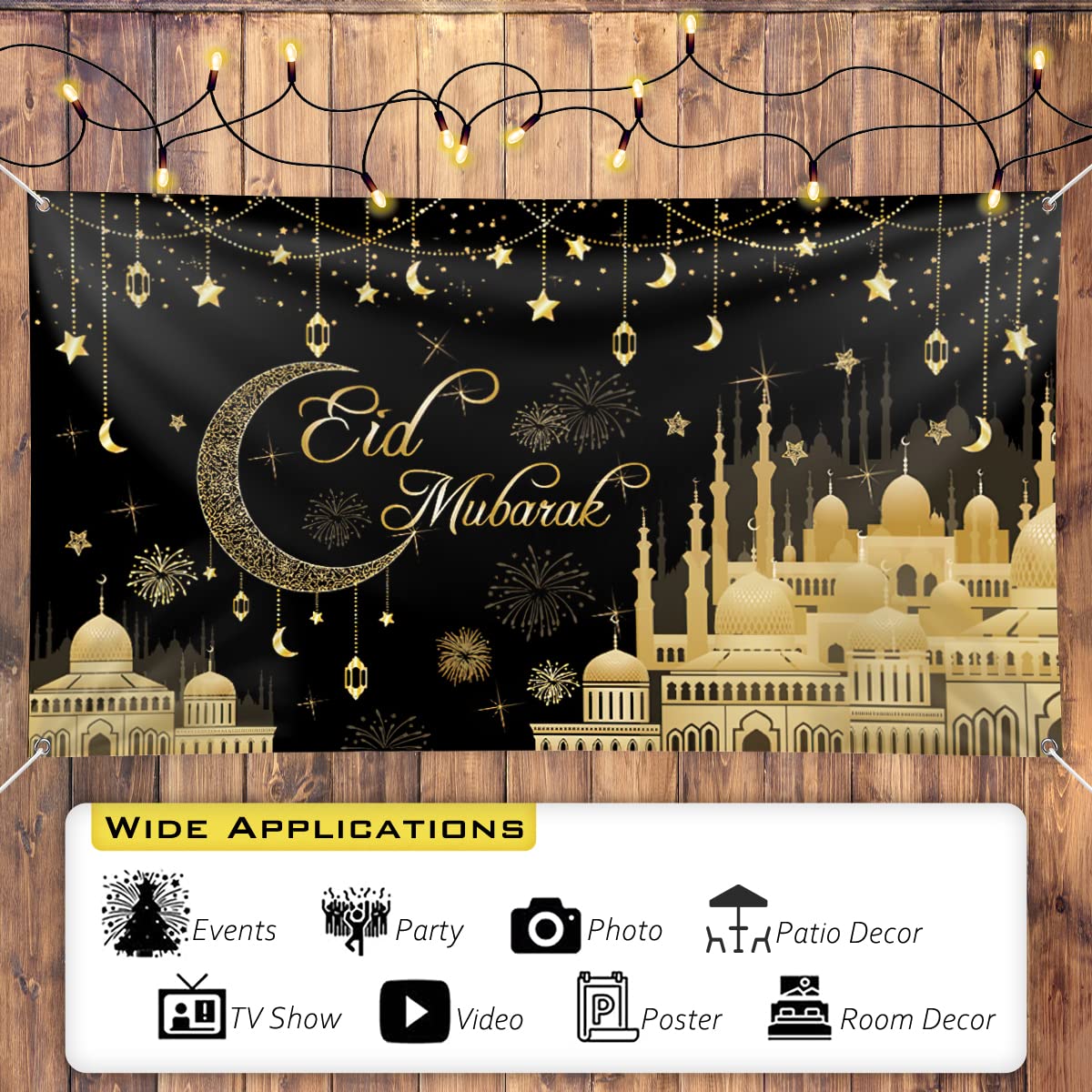 Pancarta Aviski Eid Mubarak de 78 x 43 pulgadas con fondo negro para decoraciones de fiesta musulmana