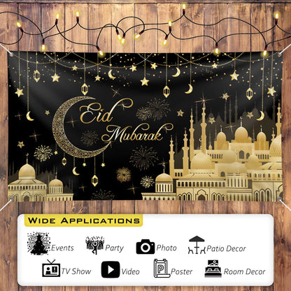 Pancarta Aviski Eid Mubarak de 78 x 43 pulgadas con fondo negro para decoraciones de fiesta musulmana