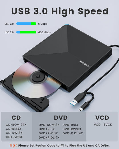 ORIGBELIE externes DVD-Laufwerk, CD-Laufwerk USB 3.0 Typ-C CD/DVD ROM +/-RW Adapter mit USB-Anschluss DVD-Brenner für Laptop, PC, Desktop-Computer, optisches Laufwerk CD-Player kompatibel mit Mac Windows Linux