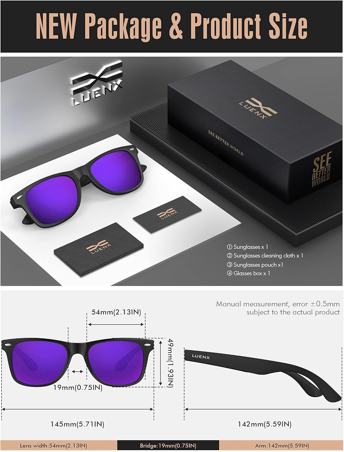 LUENX Polarisierte Sonnenbrillen für Herren und Damen, quadratische Fassung – UV-400-Schutz, 54 mm