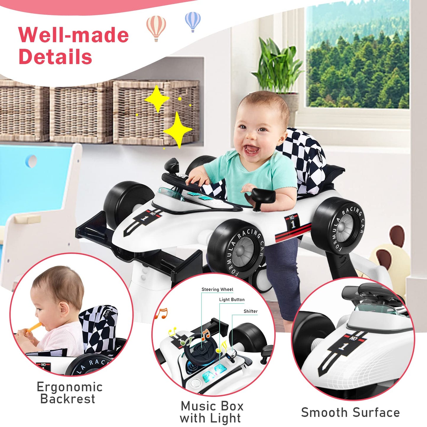 BABY JOY 4-in-1 Baby Walker, Foldable Activity Walker with Adjustable Height & Speed, Music, Lights, Anti-Rollover, Toddler Push Walker, Baby Walker with Wheels for Boys Girls 6-18 Months (Pink)