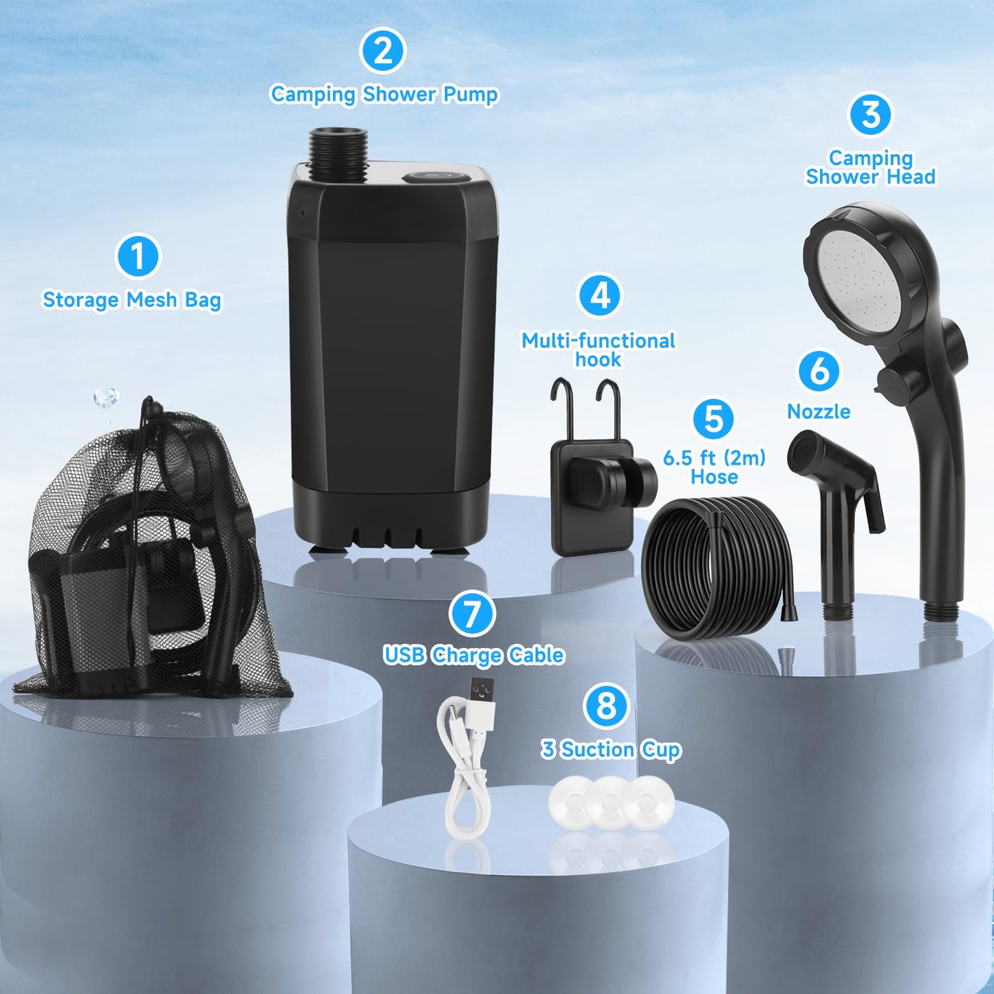 vignuto Portable Shower for Camping, Rechargeable Camping Shower Pump with LED Display of Battery Level and Temperature