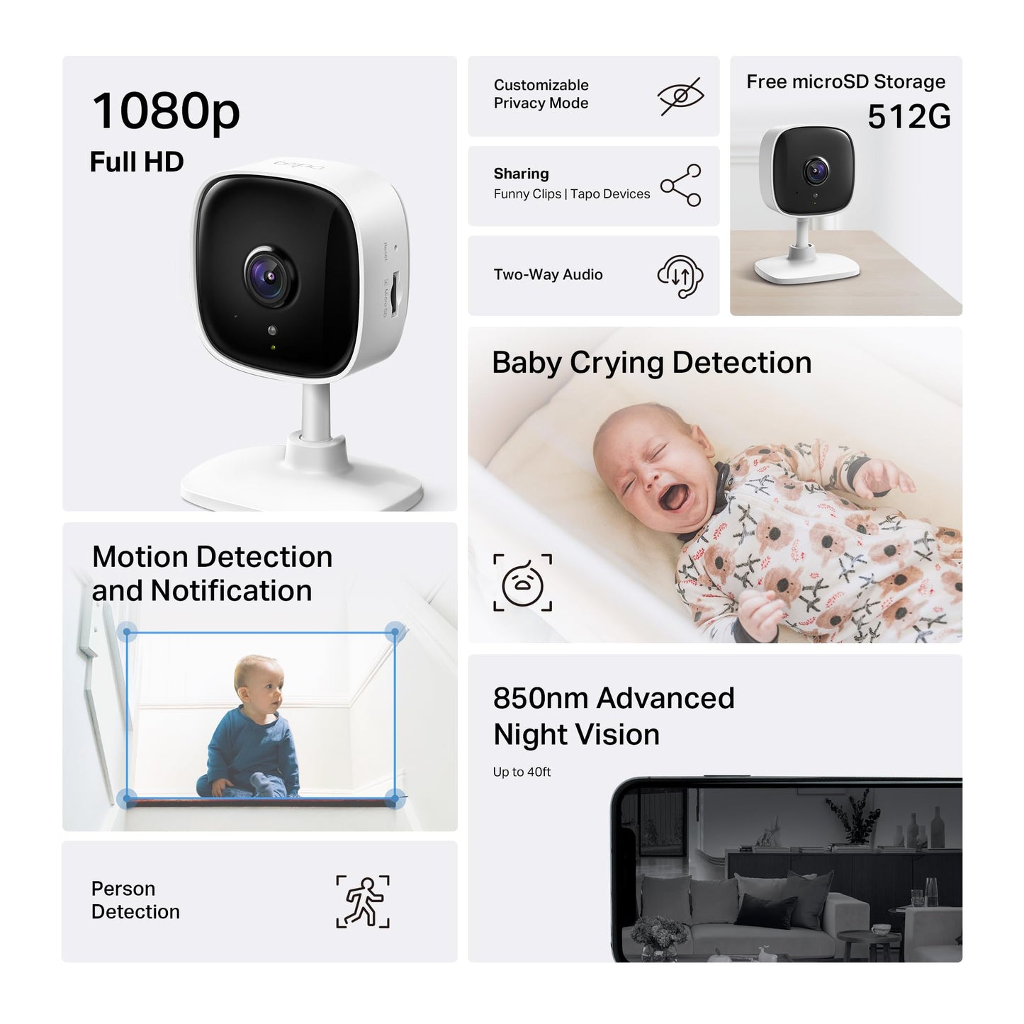 Tapo 1080P Indoor Wired Security Camera - Works as a Baby Monitor & Pet Camera, Motion Detection, 2-Way Audio, Siren, Night Vision, Subscription-Free Local Storage or Optional Cloud, C101