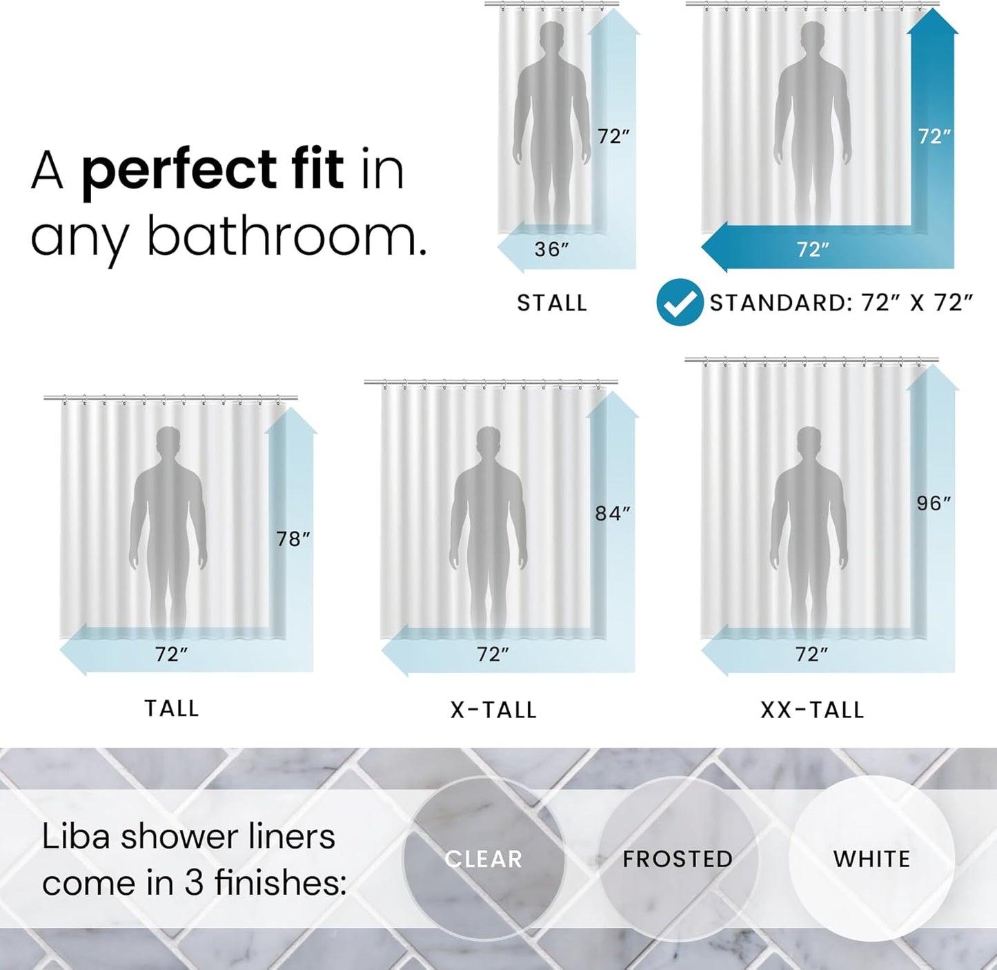 LiBa PEVA 8G Duschvorhang-Einlage, 183 cm B x 183 cm H, transparent, 8G strapazierfähige wasserdichte Duschvorhang-Einlage