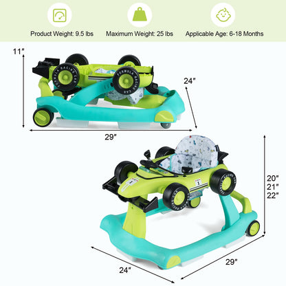 HONEY JOY 4-in-1 Baby Walker, Activity Push Walker w/3 Adjustable Heights, Smooth Wheels w/Adjustable Speed, Padded Seat, Music & Light, Foldable Car Walker for Baby Boys Girls Age 6 Months+ (Blue)