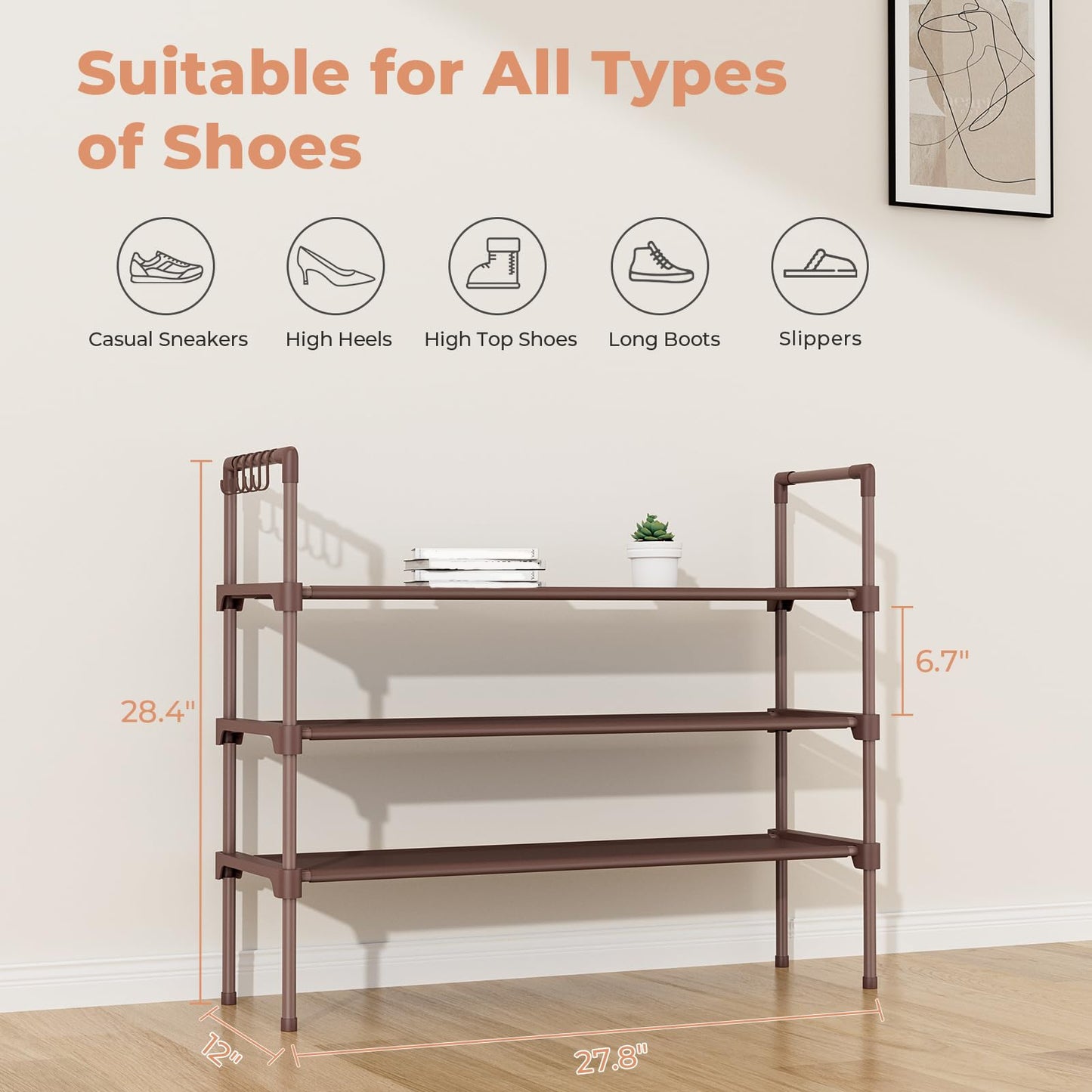 LANTEFUL 3 Tier Shoe Rack for Closet, Shoe Organizer with 5 Hooks, Long Shoe Shelf Storage for Sneaker and Boot Stackable Free Standing Shoe Rack for Entryway, Garage, Small Spaces, Dorm