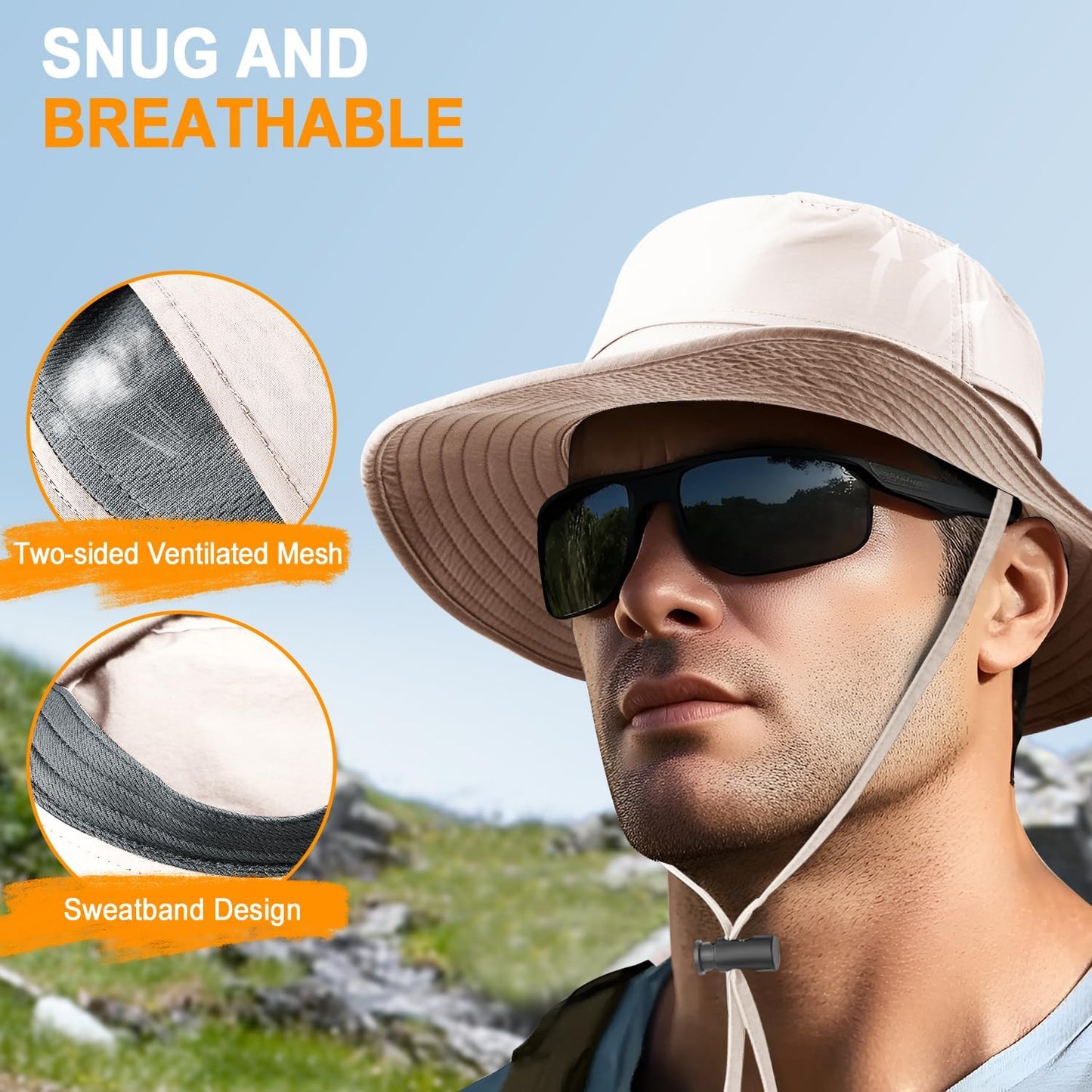 Sonnenhut für Herren und Damen UPF 50+ Schutz – Breiter Krempenhut für Outdoor-Wandern, Wasserabweisender faltbarer Hut zum Angeln