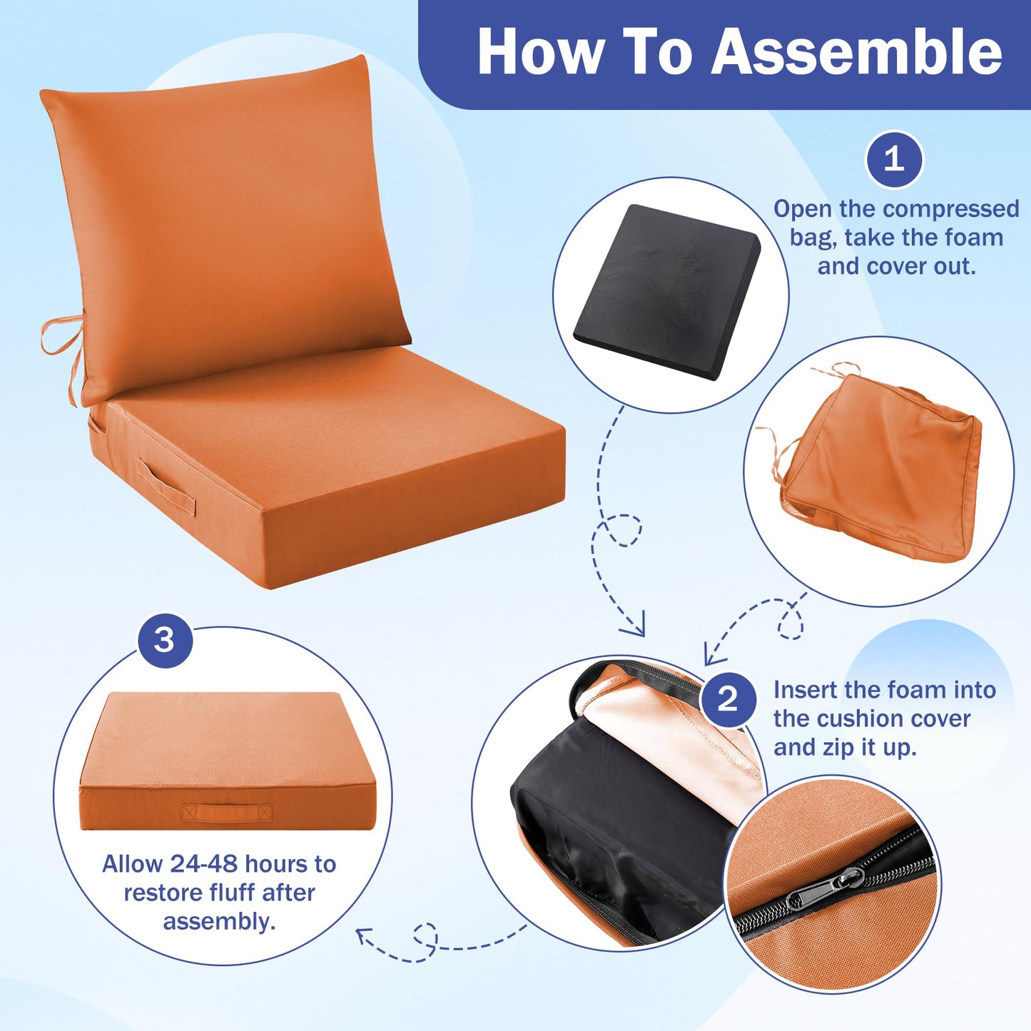IASEAHK Outdoor Chair Cushions, 24 x 24 Inch Outdoor Cushion for Patio Furniture, Patio Chair Cushion, Waterproof & Fade Resistant Deep Patio Furniture Cushions Set with Handle and Ties, Navy Blue