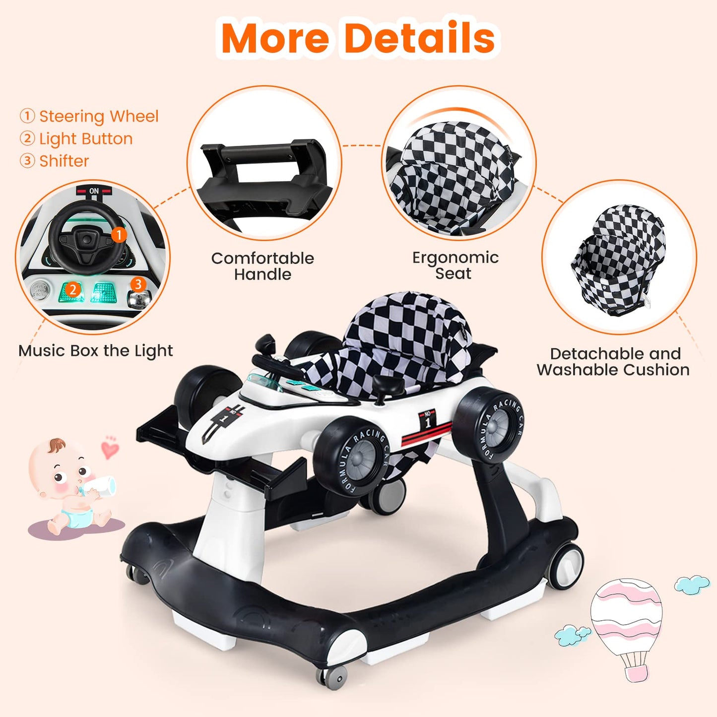 HONEY JOY 4-in-1 Baby Walker, Activity Push Walker w/3 Adjustable Heights, Smooth Wheels w/Adjustable Speed, Padded Seat, Music & Light, Foldable Car Walker for Baby Boys Girls Age 6 Months+ (Blue)