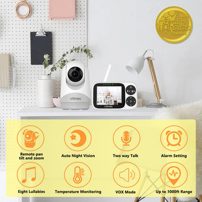 VTimes Baby Monitor with Camera and Audio, 6'' IPS Screen with 30-Hour Battery, Baby Monitor No WiFi Night Vision, ECO, 2-Way Audio, Pan-Tilt-Zoom, Baby Camera Monitor with 1000ft Range, Ideal Gift