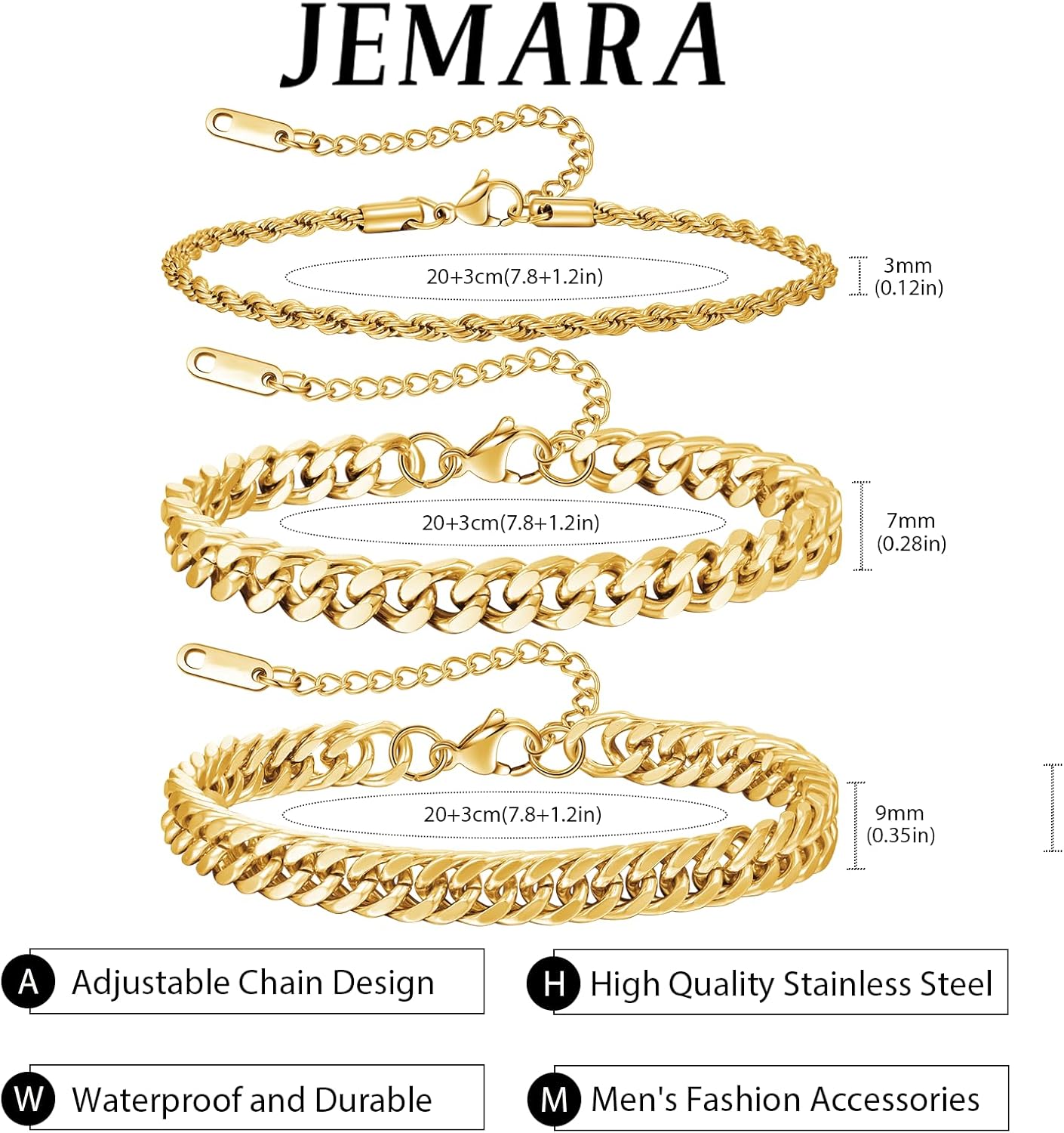 3 Stück Herren Silber Armbänder, robustes Curb Edelstahl Breite Schlangenkette Figaro Cuban Armband Set 7/7.8+1.2 Zoll verstellbares Stapel-Silberkettenarmband für Männer