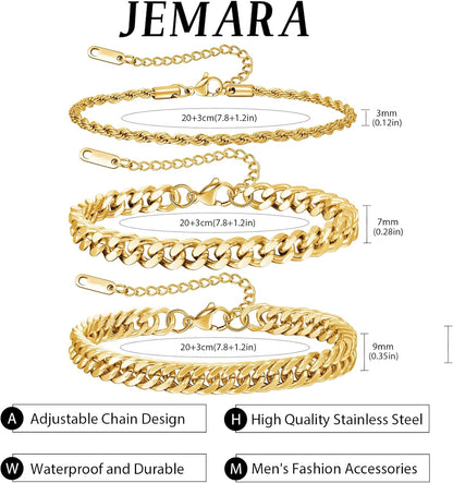 3 Stück Herren Silber Armbänder, robustes Curb Edelstahl Breite Schlangenkette Figaro Cuban Armband Set 7/7.8+1.2 Zoll verstellbares Stapel-Silberkettenarmband für Männer