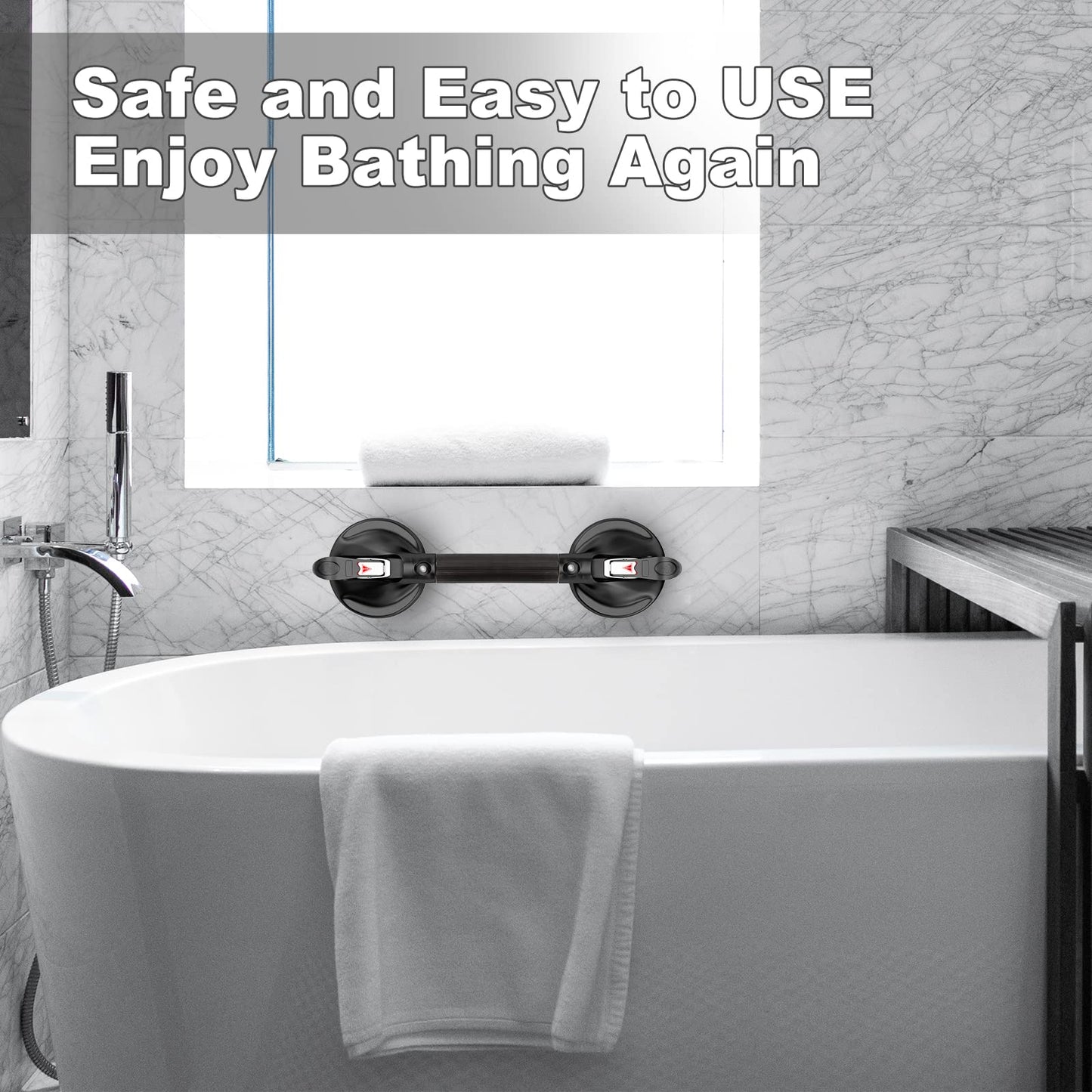 15-Inch Shower Handle - Upgraded Grab Bar with Strong Suction Cups for Bathtub & Shower Safety, Ideal for Seniors, Elderly, Disabled -Silver