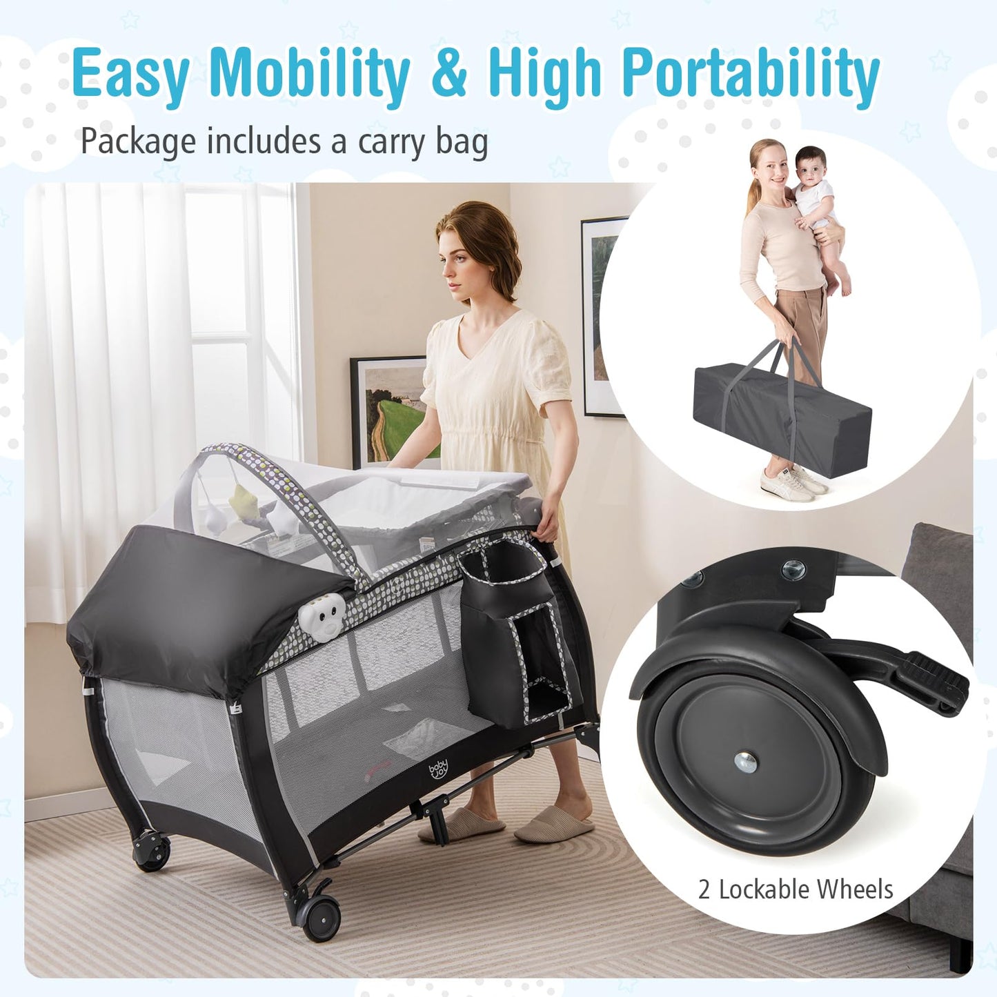 BABY JOY 4 in 1 Pack and Play with Canopy, Portable Baby Playard with Bassinet, Double-Layer Baby Crib, Wheels & Brake, Foldable Baby Girl Pink Bassinet from Newborn to Toddler