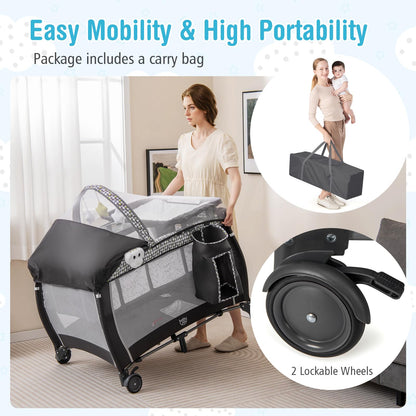BABY JOY 4 in 1 Pack and Play with Canopy, Portable Baby Playard with Bassinet, Double-Layer Baby Crib, Wheels & Brake, Foldable Baby Girl Pink Bassinet from Newborn to Toddler