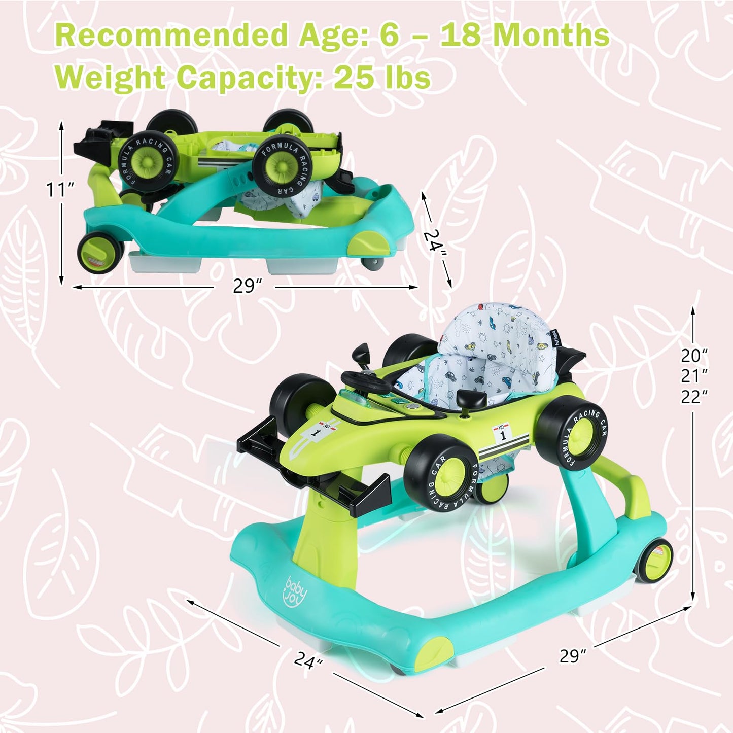 BABY JOY 4-in-1 Baby Walker, Foldable Activity Walker with Adjustable Height & Speed, Music, Lights, Anti-Rollover, Toddler Push Walker, Baby Walker with Wheels for Boys Girls 6-18 Months (Pink)