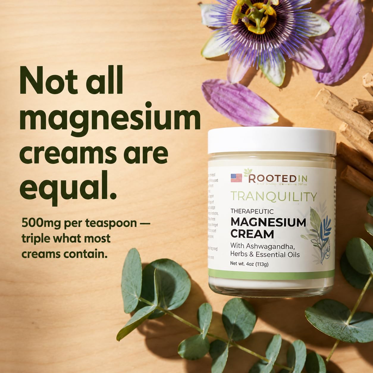 Rooted In Relief Magnesium Cream – 500mg Magnesium Chloride per Teaspoon – Enriched with Arnica, Comfrey & Botanical Blend – Targeted Muscle Support & Topical Relaxation – 4 oz Glass Jar
