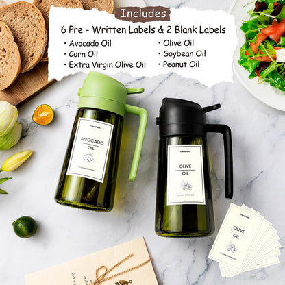 TrendPlain Botella dispensadora de aceite de oliva de 470 ml para utensilios de cocina - Dispensador y pulverizador 2 en 1 - Pulverizador de aceite de oliva con pegatinas (bloqueo de luz) - Sin BPA - Negro