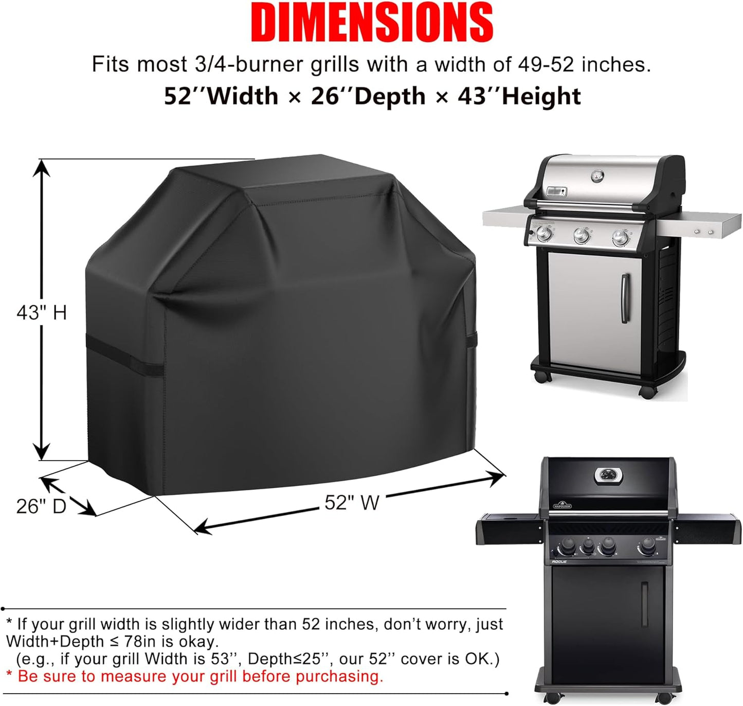 Grillabdeckung, 58 Zoll BBQ Gasgrill Abdeckung für Outdoor-Grills, Wasserdicht, UV-Schutz, Reißfest, Farbecht, Grillabdeckung mit Klettverschlussgurten und verstellbarem Saumzugband, Schwarz