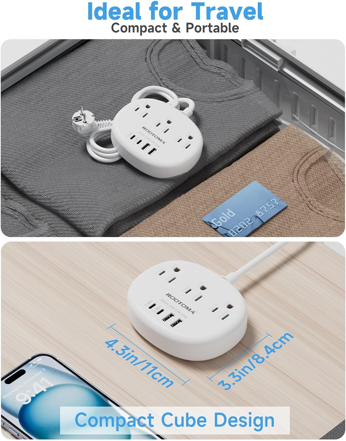 Europäischer Reiseadapter mit USB C, 3 AC-Steckdosen, 4 USB-Anschlüssen (2 USB-C, 4.8A/24W) Kanadisch-Europäische Reise-Steckdosenleiste für EU, Spanien, Frankreich, Deutschland, Island, Griechenland, 0,9 m