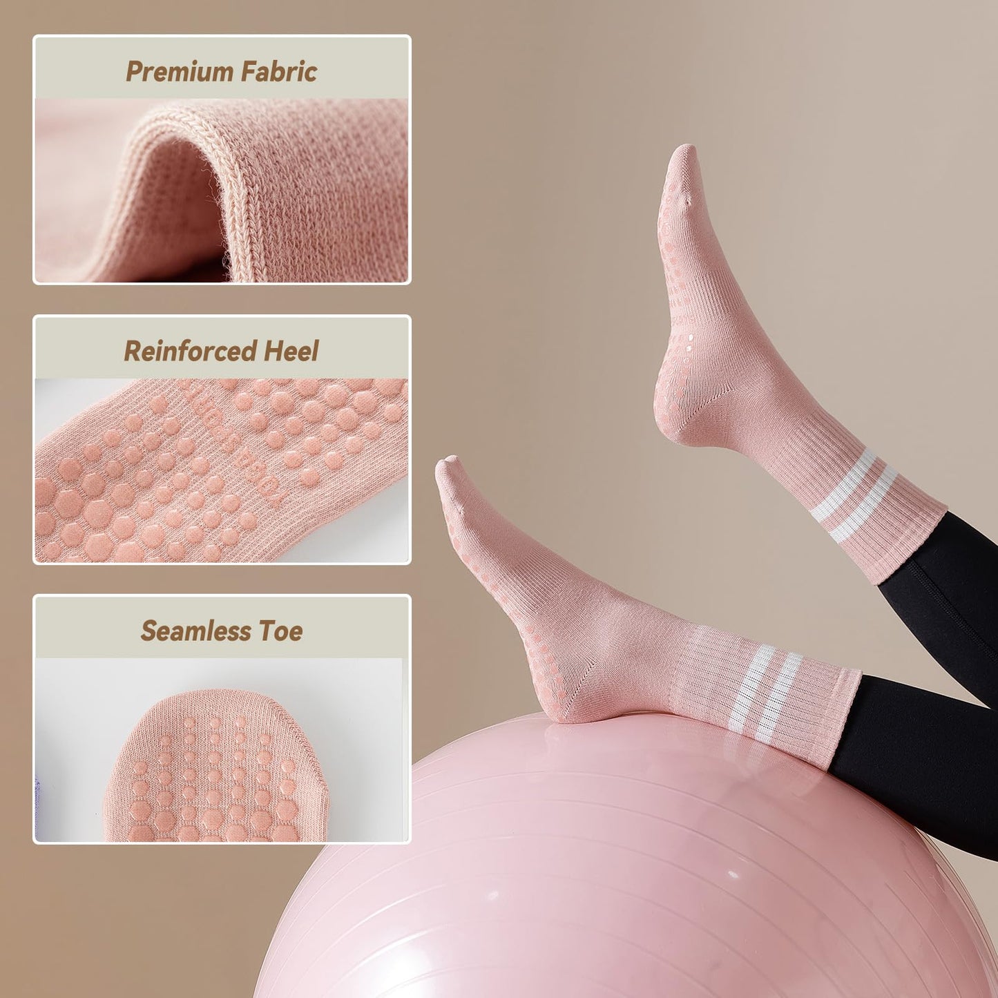 BONANGEL Pilates Socken mit Noppen für Damen, 3 Paar rutschfeste Yoga Ballett Barre Krankenhaus Sport Socken für Damen