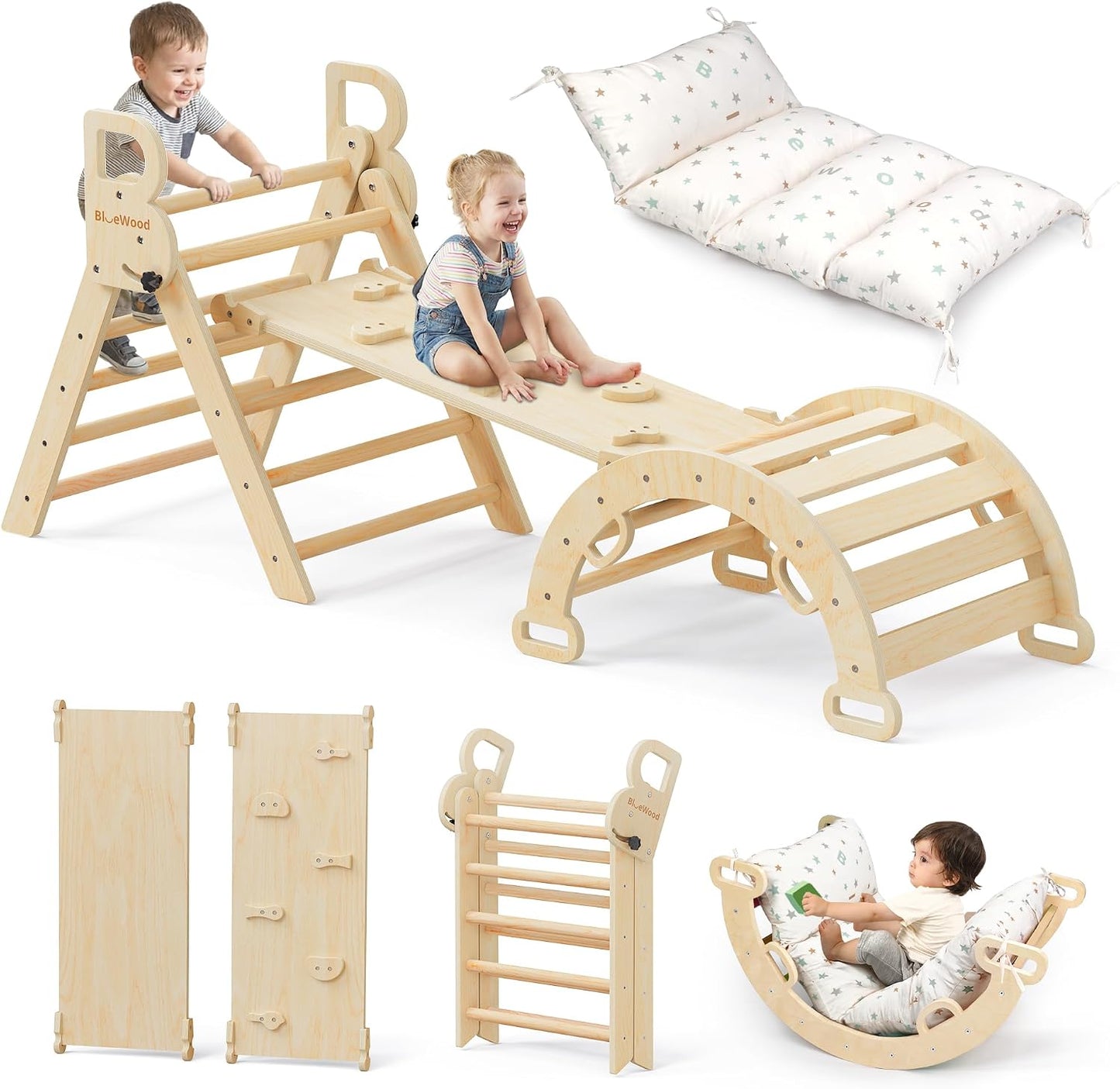 BlueWood Pikler Triangle Set with Cushion, 8-in-1 Climbing Toys for Toddlers, Montessori Philosophy Play Jungle Gym with Arch, Ramp, Ladder(Natural Wood)