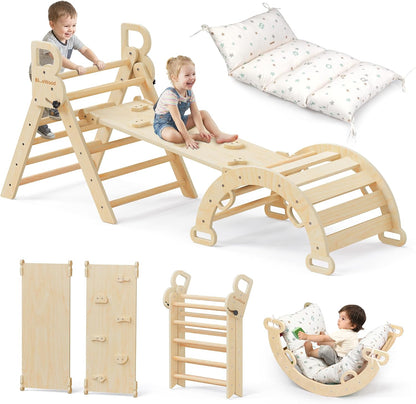 BlueWood Pikler Triangle Set with Cushion, 8-in-1 Climbing Toys for Toddlers, Montessori Philosophy Play Jungle Gym with Arch, Ramp, Ladder(Natural Wood)