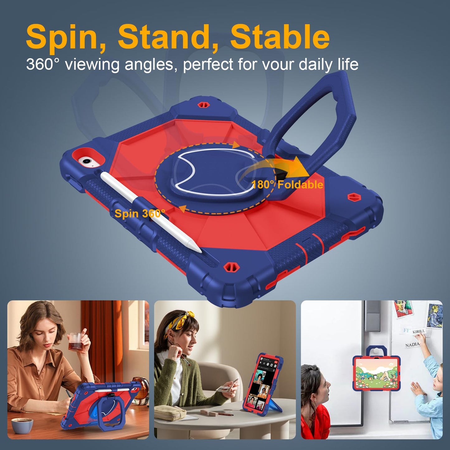 Case for iPad A16 11th Generation 11 Inch 2025, Auorld for iPad 10th Generation 10.9 inch 2022 case with Screen Protector, 360 Degree Rotating Stand Shoulder Strap Pencil Holder, Navy Pink
