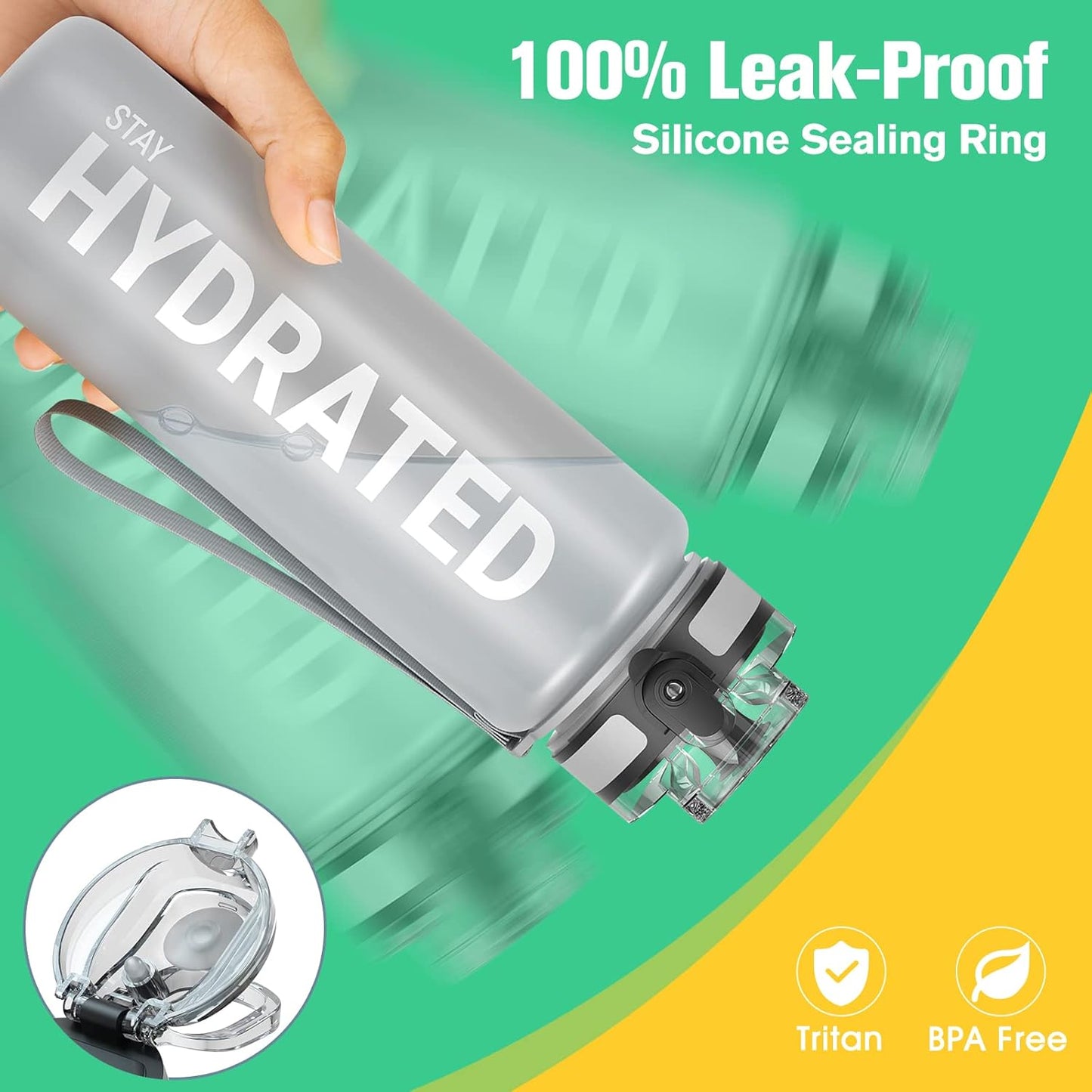 Sahara Sailor Trinkflasche, 950ml Motivations-Sportflasche mit Zeitmarkierung – Trinkzeiten – Tritan, BPA-frei, weite Öffnung auslaufsicher, Fast-Flow-Technologie mit Reinigungsbürste (1 Flasche)
