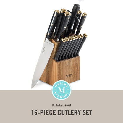 Martha Stewart Knife Block Set 16-Piece - Lockton High Carbon Stainless Steel Forged Full Tang Chef Knives, Acacia Wood Block, Triple Riveted Handles, Linen White & Gold