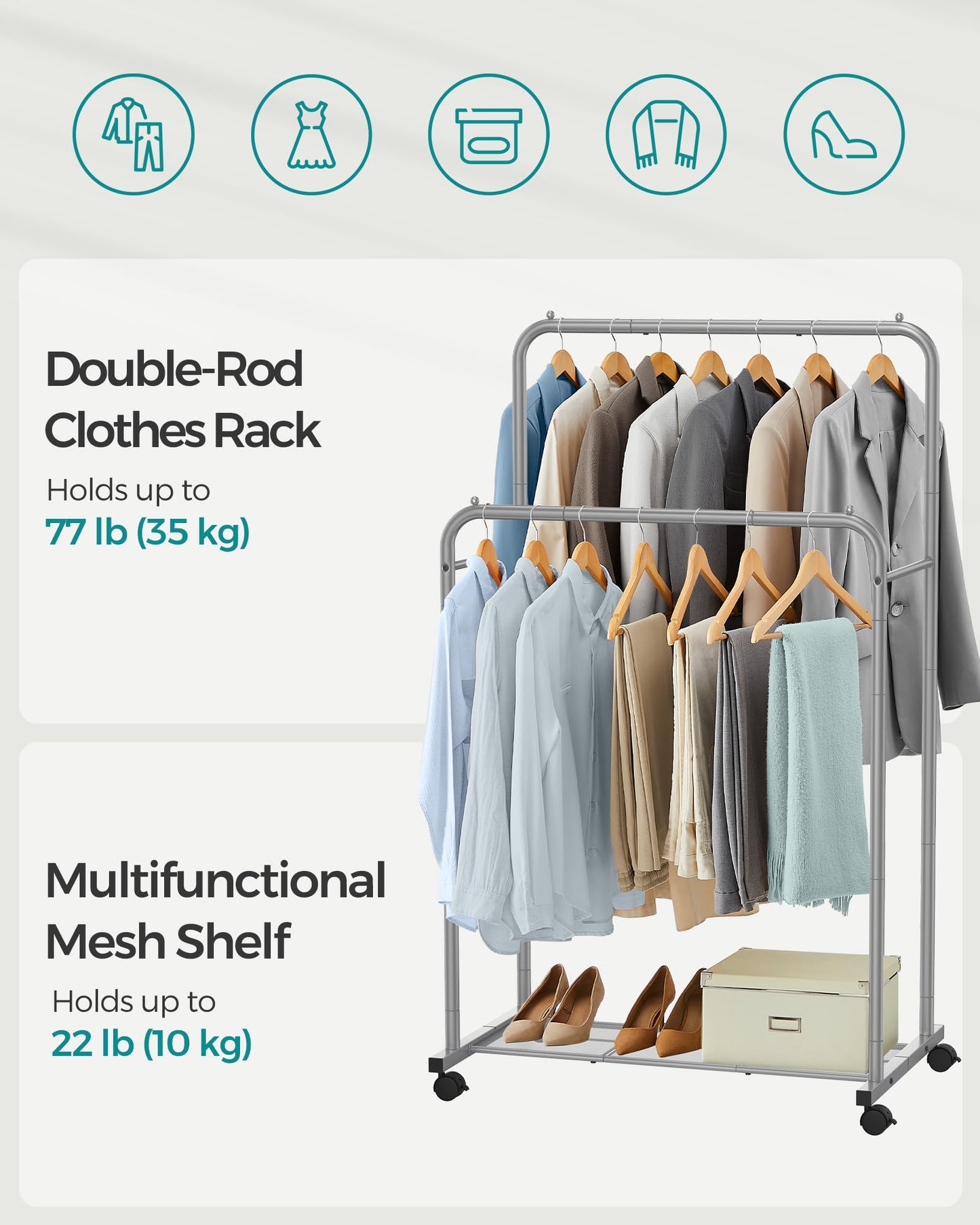 SONGMICS Clothes Rack with Wheels, Clothing Rack for Hanging Clothes, 25.4 mm Metal Garment Rack with Dense Mesh Storage Shelf, 110 lb Load Capacity, 2 Brakes, Black UHSR25BK