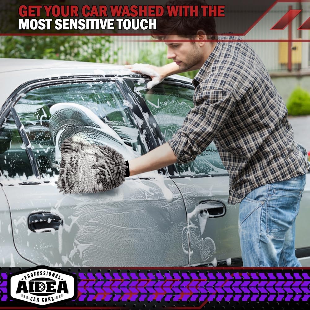 AIDEA Auto Waschhandschuh Mikrofaser, 2er Pack Kratzfrei Fusselfrei, Premium Chenille Mikrofaser Waschhandschuh Auto Waschbürste, Grün, Reguläre Größe 18,08 cm x 25,76 cm