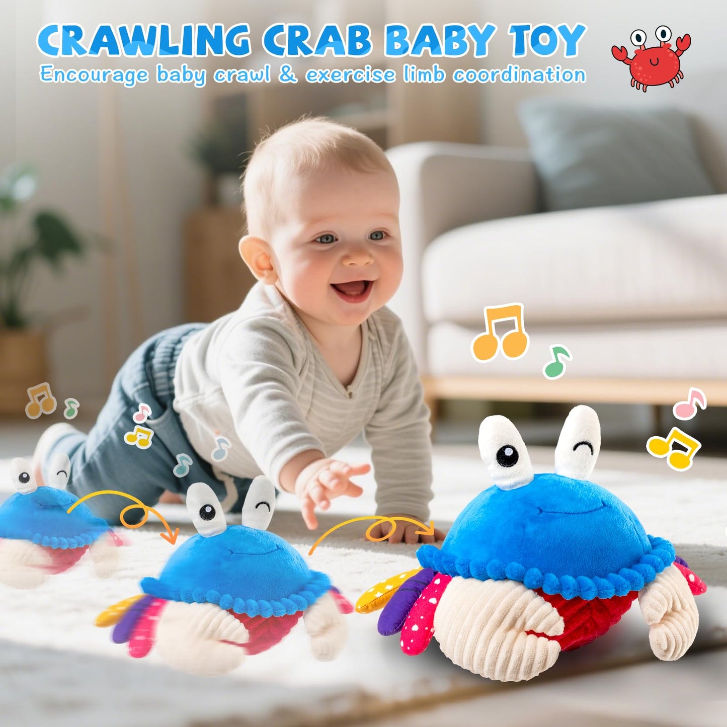 Babyspielzeug 6-12 Monate, Musikalisches Krabbelkrebs Plüschtier - 40 Lieder & Aufnahmefunktion, Tanzendes Laufendes Hüpfendes Bauchzeit Spielzeug, Sensorisches Spielzeug für Kleinkinder 1-3, Geburtstagsgeschenke für Säuglinge