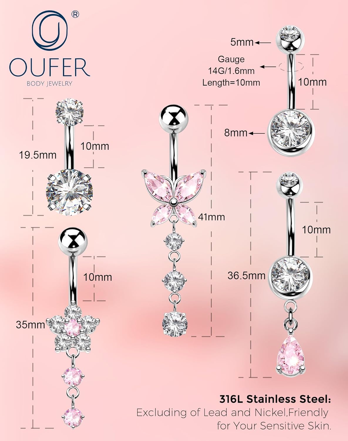 OUFER 5x Bauchnabelpiercings baumelnd – 14G Chirurgischer Stahl Bauchnabelpiercing, Hypoallergener Bauchnabelring mit Zirkonia Schmetterling Blume Tropfen Langhantel für Strand, Festival, Fitnessstudio