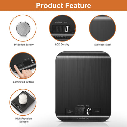 CROWNFUL Küchenwaage, 11lb/5kg Digitale Küchenwaage für Kochen und Backen, 6 Maßeinheiten mit Tara-Funktion (Batterie enthalten)