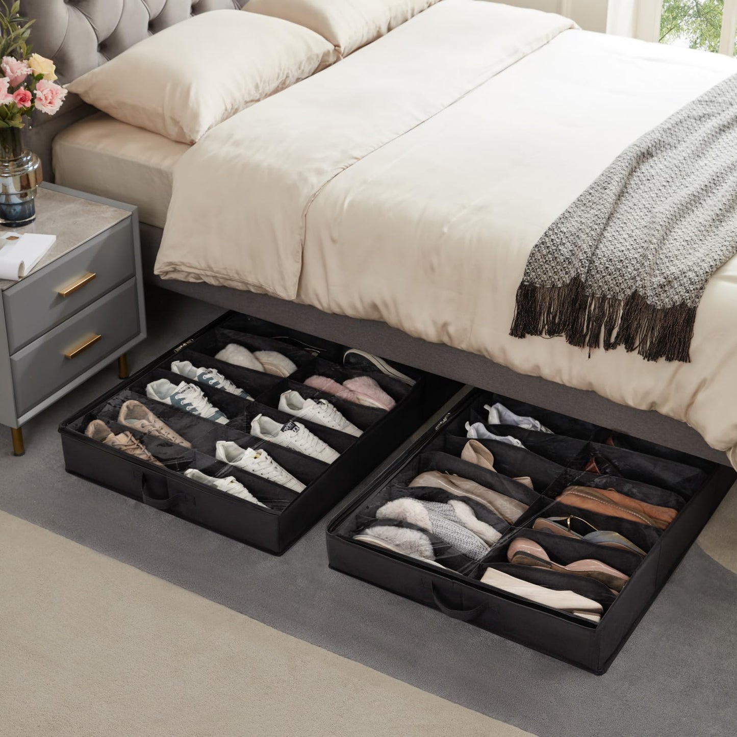 Lifewit Under Bed Shoe Storage Organizer 2 Pack(12 Shoes Cells), 4.3 Inches Profile Fabric Shoes Container Box with Clear Cover, Foldable Storage Bag with 2 Handles, Fits 12 to 24 Pairs