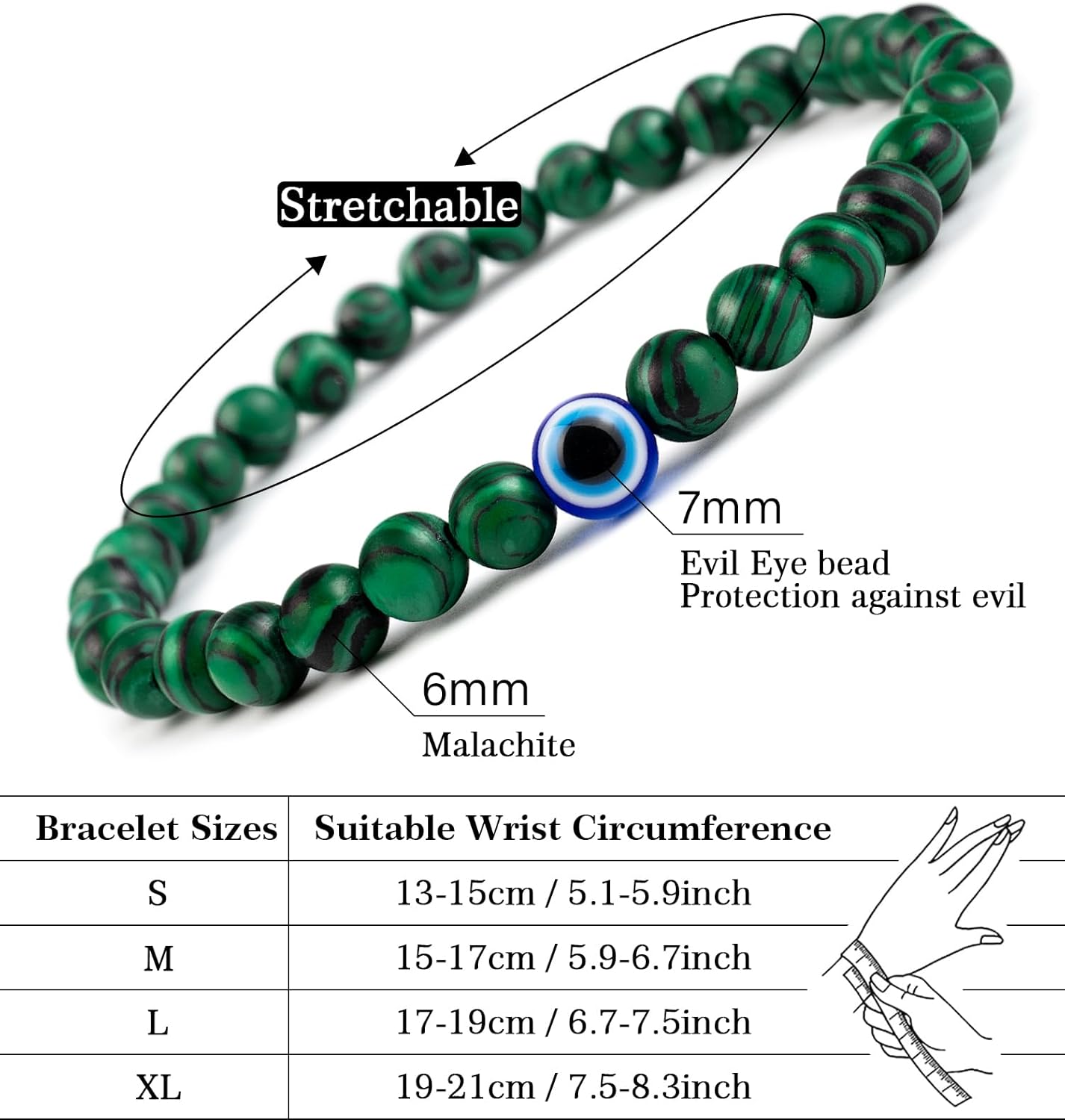 6 mm Böses Auge Armband aus schwarzen Kristallen – verstellbares Set aus Natursteinen für Herren und Damen, Schutzamulett als Geschenk für den Alltag/Geburtstag/Jahrestag