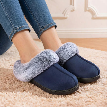 HomeTop Damen Classic Microsuede Memory Foam Hausschuhe Strapazierfähige Gummisohle mit Warmem Kunstfellkragen (9-10 M, Schwarz)