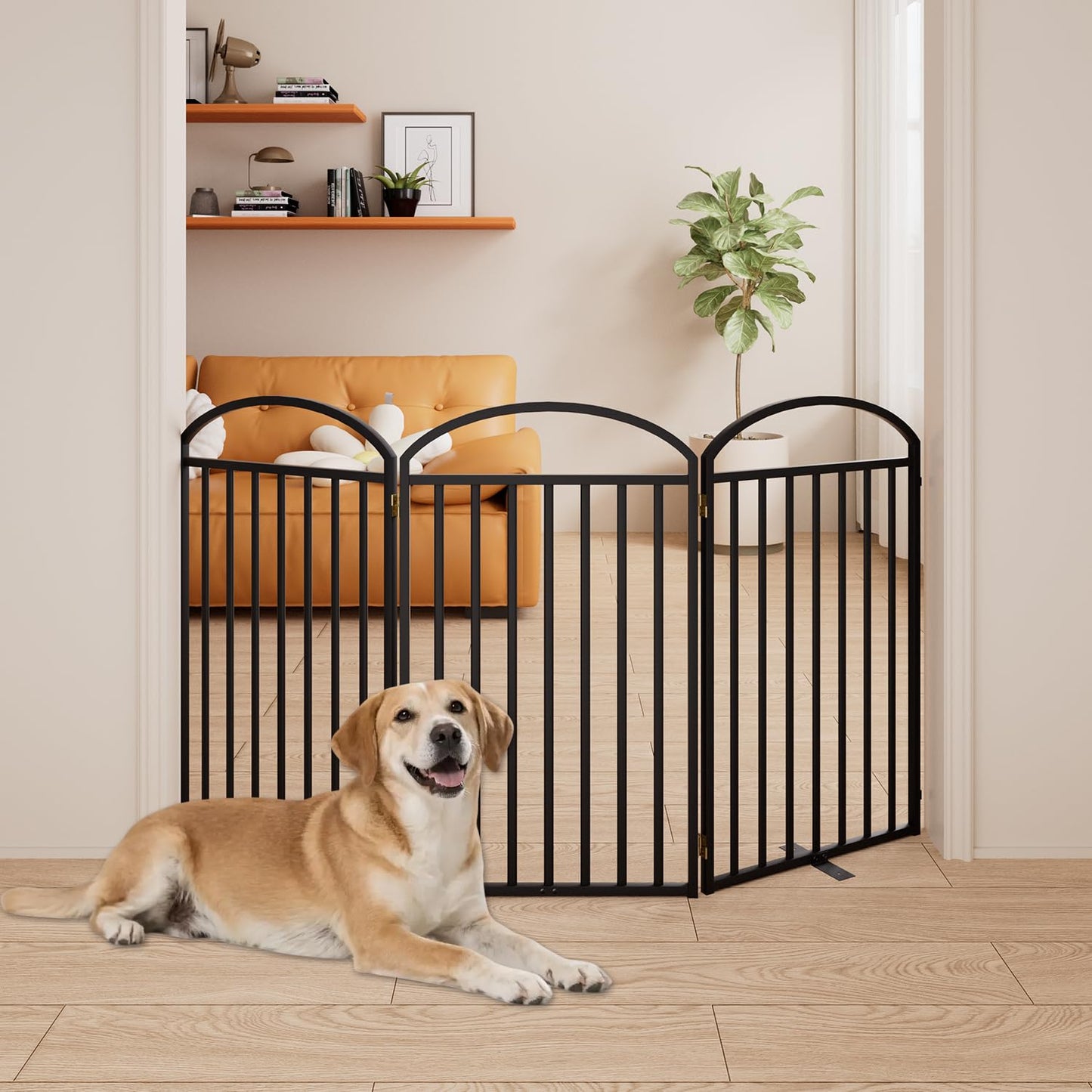 SNUOWU 4 Panels Full Matel Freestanding Dog Gates with Door, 96"Extra Wide 36"Tall Free Standing Dog Pet Gate for Indoor & Outdoor. Foldable Pet Fences for Doorways, House, Stairs, Porch, Deck, Yard