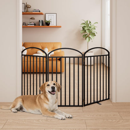 SNUOWU 4 Panels Full Matel Freestanding Dog Gates with Door, 96"Extra Wide 36"Tall Free Standing Dog Pet Gate for Indoor & Outdoor. Foldable Pet Fences for Doorways, House, Stairs, Porch, Deck, Yard