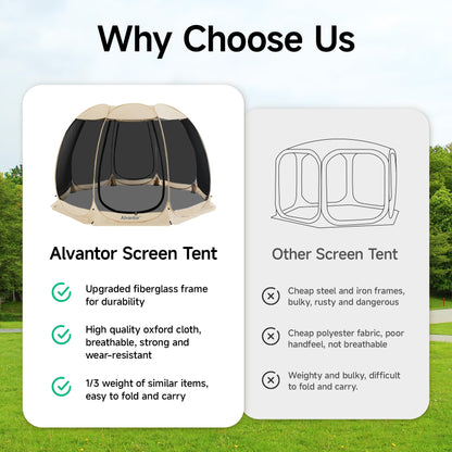 Alvantor Pop Up Screen House Tent, Instant Outdoor Gazebo with Mosquito Netting & UPF 50+ Sun Protection, Portable Canopy Shelter for Patio, Backyard, Camping (2-10 Person)