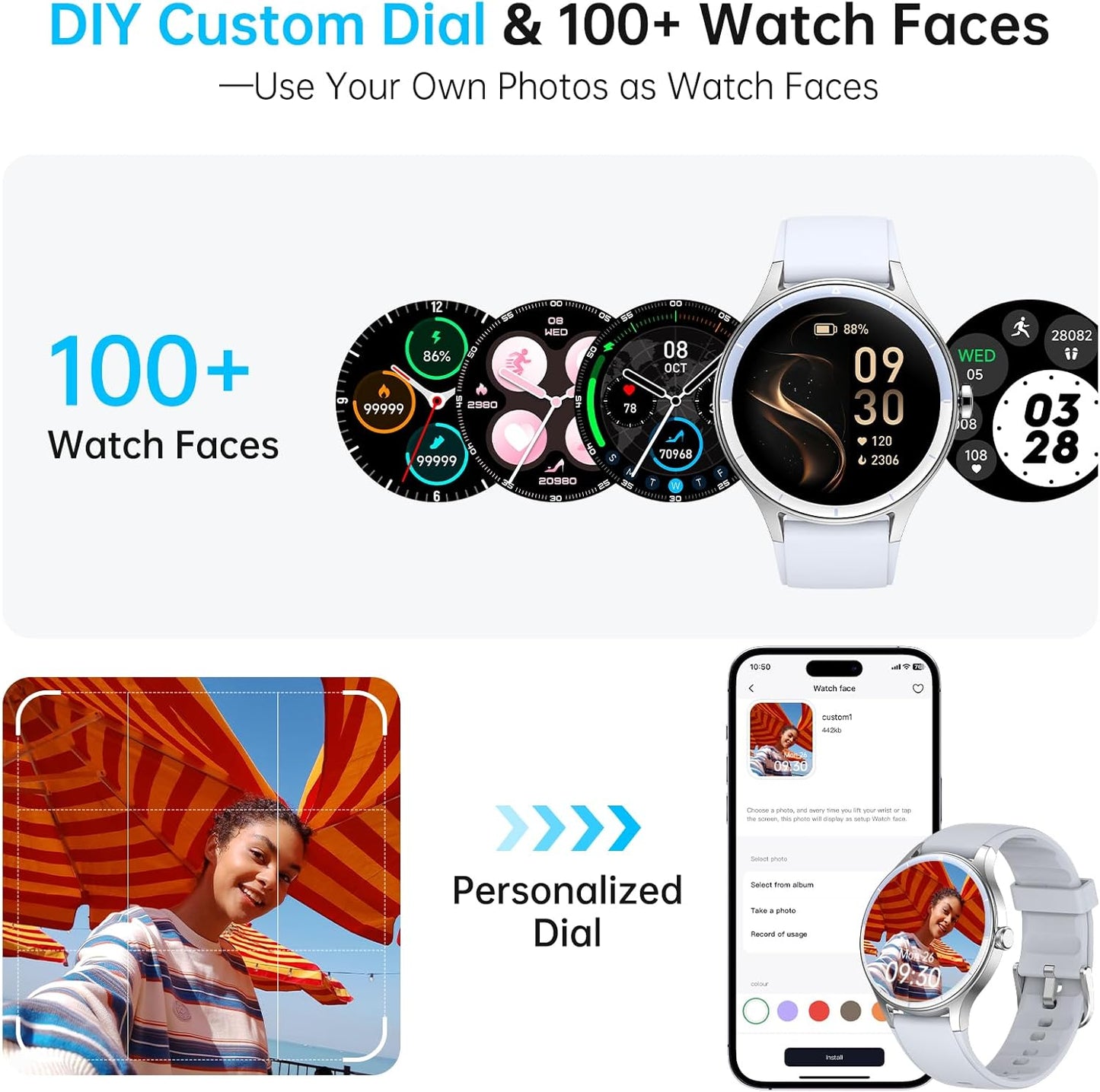 Smartwatch für Herren Damen, 1,27" HD Touchscreen Fitness Tracker, Bluetooth Anrufe, über 100 Sportmodi, Herzfrequenz-Schlafmonitor, DIY Zifferblatt, IP68 Wasserdicht, kompatibel mit Android & iOS