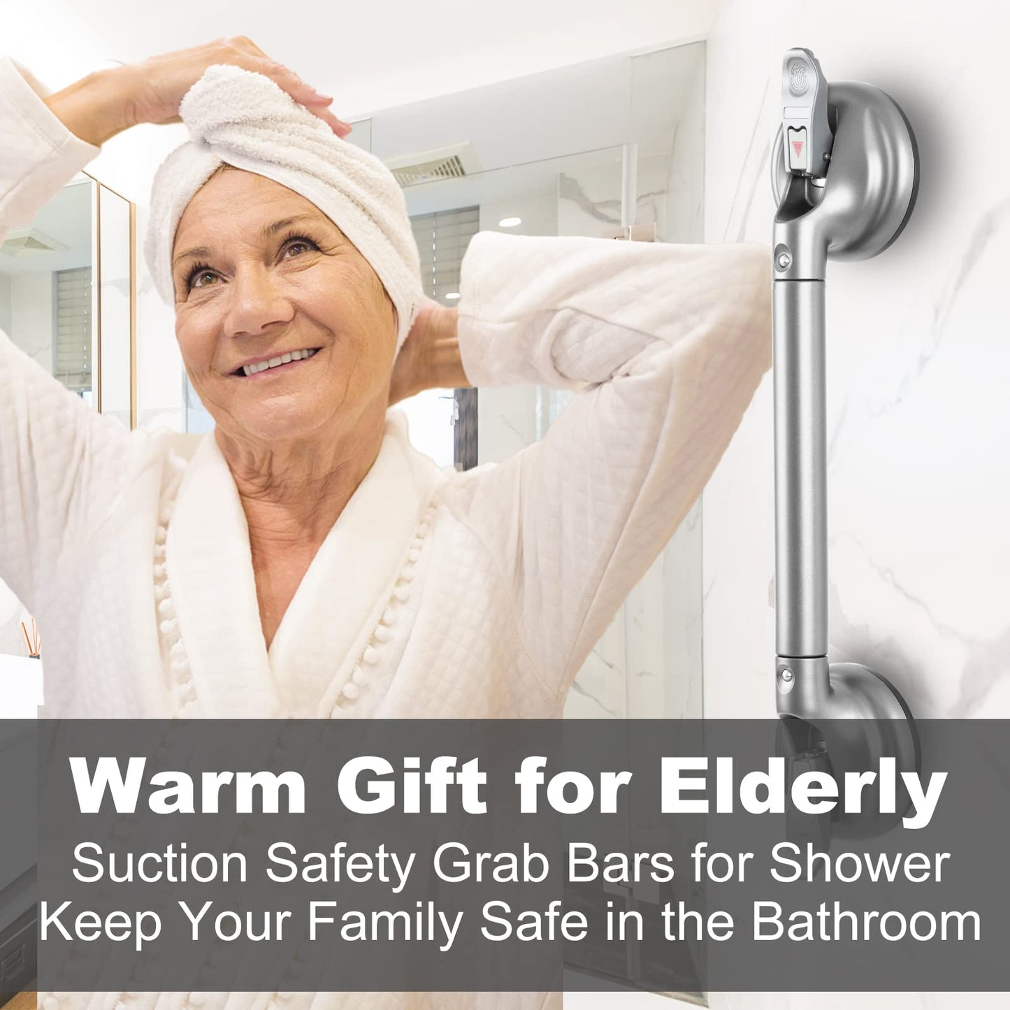 15-Inch Shower Handle - Upgraded Grab Bar with Strong Suction Cups for Bathtub & Shower Safety, Ideal for Seniors, Elderly, Disabled -Silver
