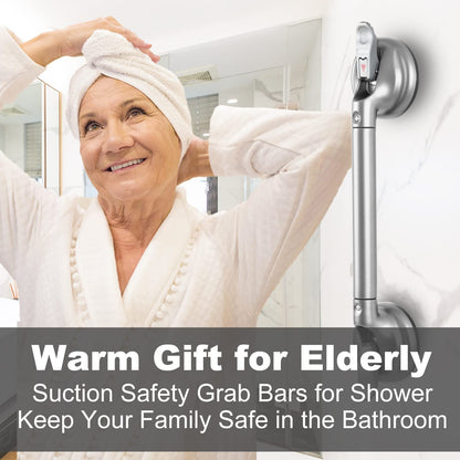 15-Inch Shower Handle - Upgraded Grab Bar with Strong Suction Cups for Bathtub & Shower Safety, Ideal for Seniors, Elderly, Disabled -Silver